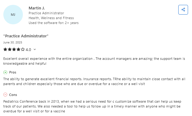 Capterra review by a practice administrator highlighting strong support and reporting capabilities, with some limitations around customization and patient follow-up tools.