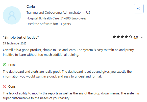Capterra review by training and onboarding administrator highlighting PCC’s ease of use, intuitive interface, and helpful dashboards, with some limitations in report customization