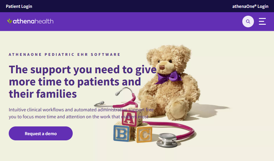 athenahealth pediatric EHR webpage featuring headline about giving providers more time with patients, alongside a teddy bear, toy blocks, and a stethoscope, with a “Request a demo” button.