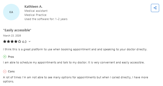 Capterra review by medical assistant highlighting athenaOne’s ease of appointment scheduling, direct communication with providers, and convenient access, with some limitations in available appointment options
