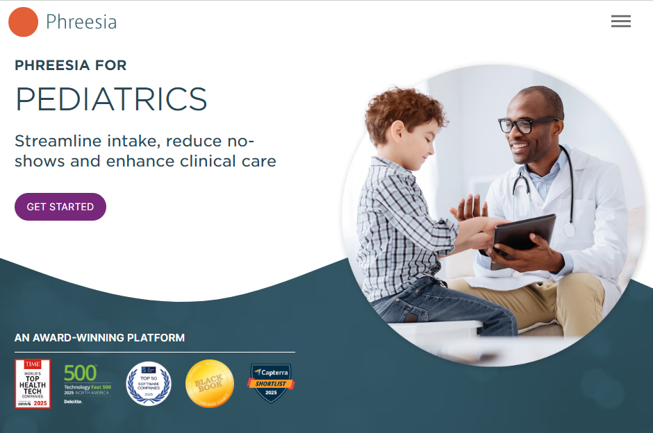 hreesia for Pediatrics webpage highlighting patient intake and no-show reduction, with a doctor interacting with a child and a “Get Started” button.