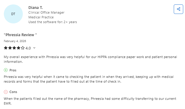Capterra review by clinical office manager highlighting Phreesia’s support for HIPAA compliance, patient check-in workflows, and medical form management, with some issues transferring pharmacy data to EMRs
