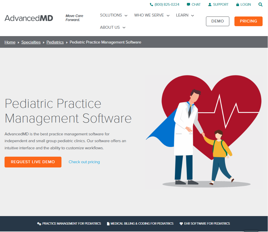AdvancedMD pediatric practice management software page with headline, demo request button, and illustration of a doctor and child in front of a heart graphic.