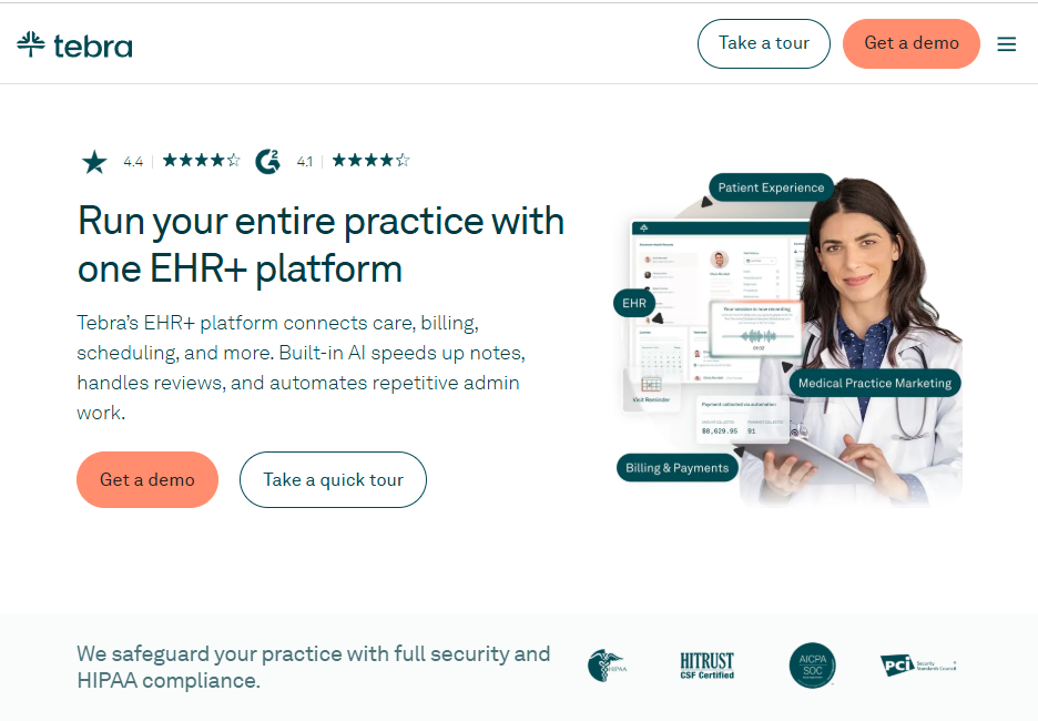 Screenshot of Tebra EHR+ platform homepage highlighting all-in-one practice management features, with demo and tour buttons and a doctor holding a tablet displaying the interface.