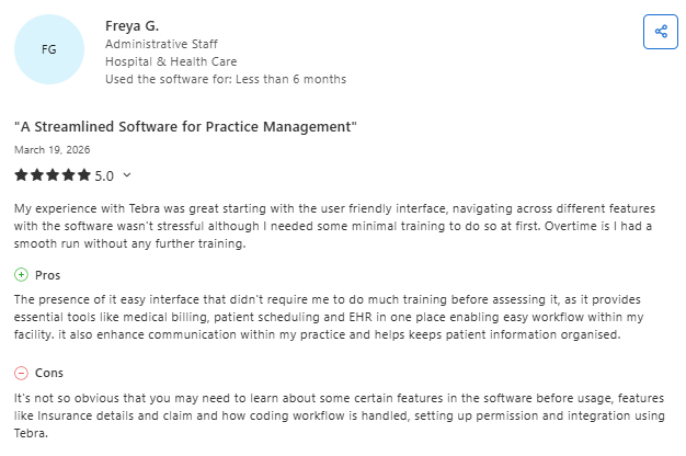 Capterra review by administrative staff highlighting Tebra’s user-friendly interface, smooth onboarding, and all-in-one functionality for billing, scheduling, and EHR, with some learning curve for advanced features