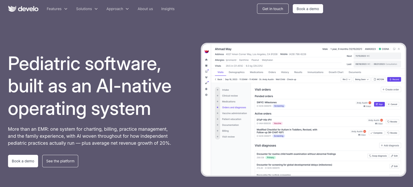 Screenshot of the Develo homepage showing the platform's main navigation and hero section.