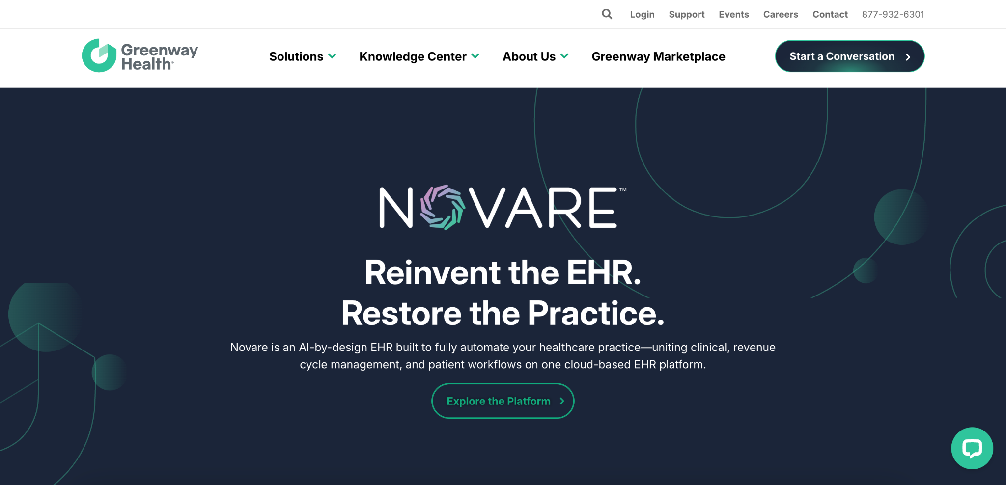 Screenshot of the Greenway Health homepage showing the platform's main navigation and hero section.
