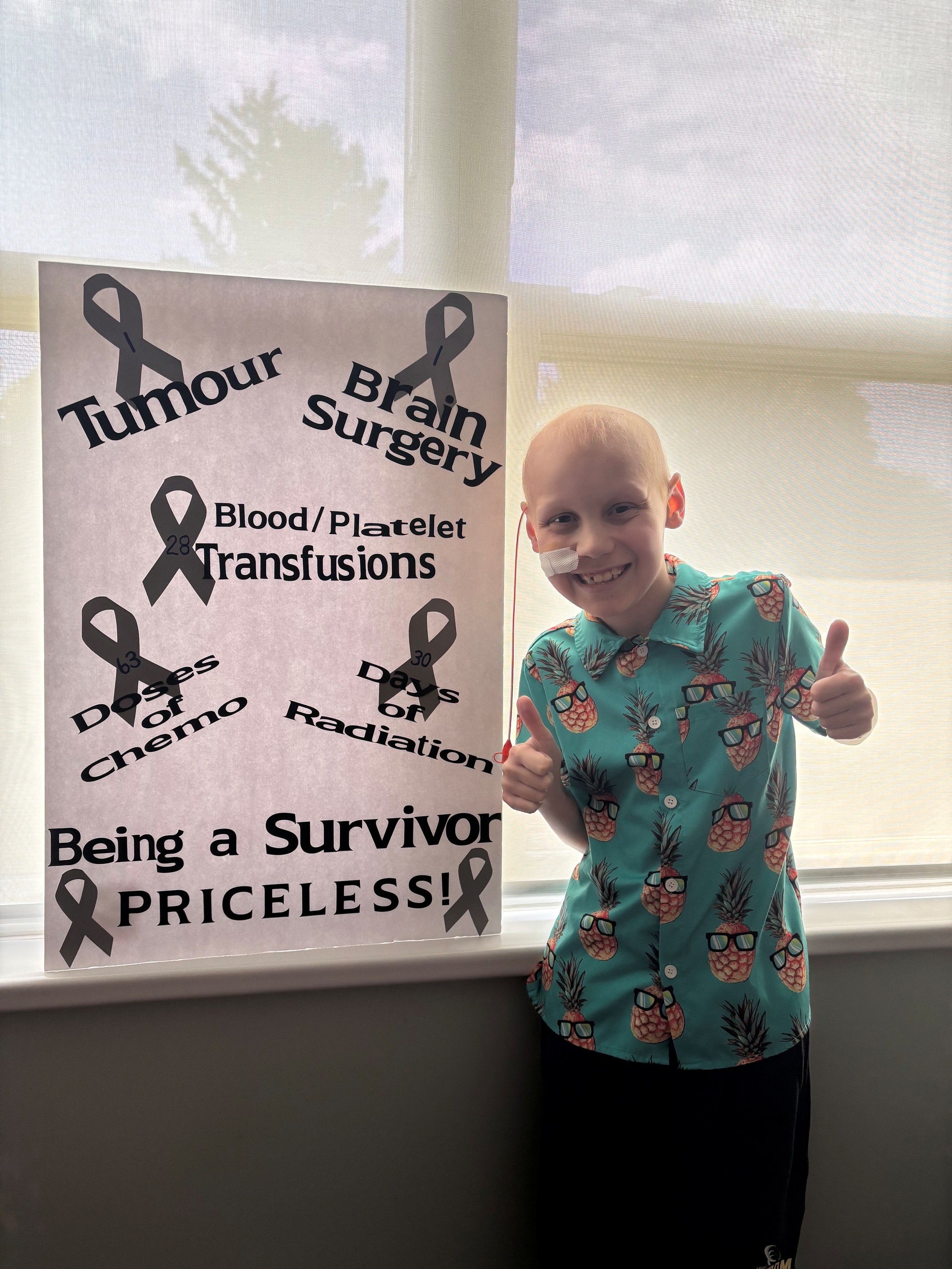 Dominic with thumbs up at a sign showing his stages of treatment