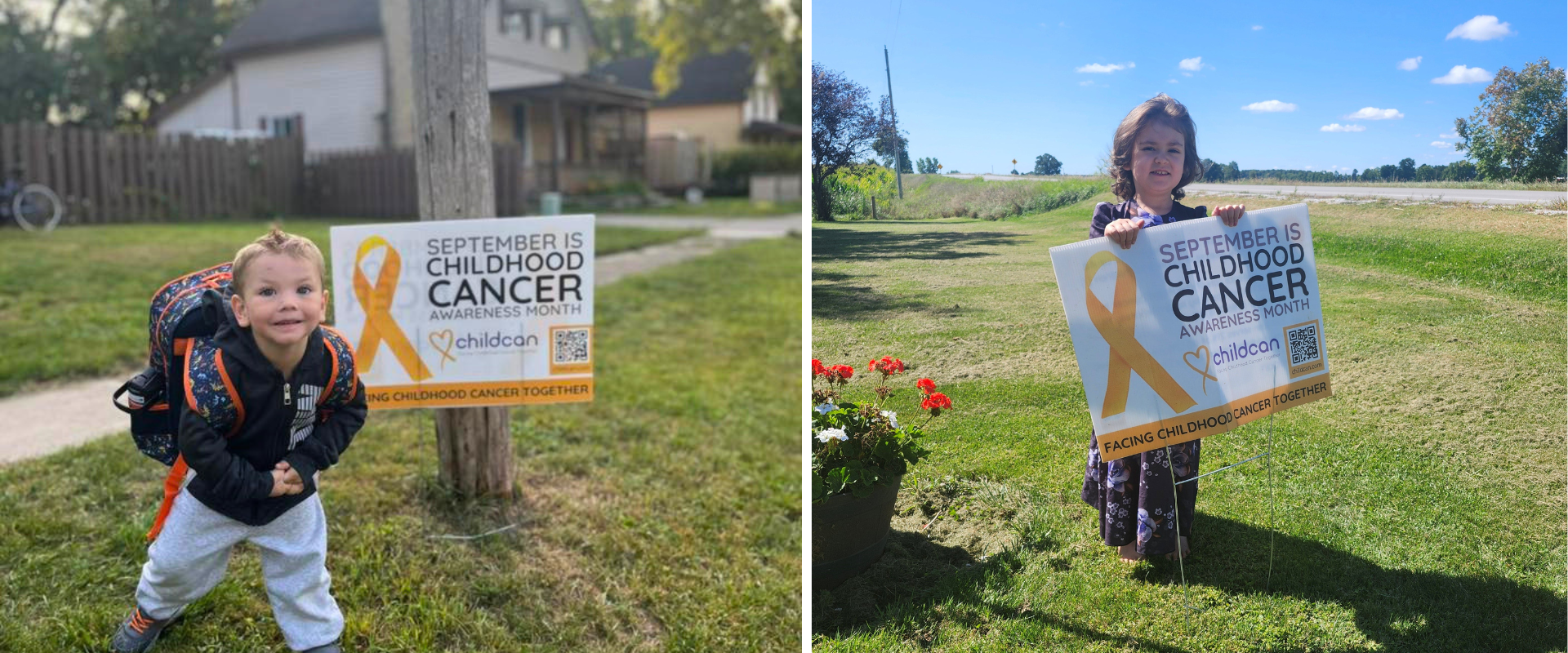 Two children hold signs that read: "September is Childhood Cancer Awareness Month"