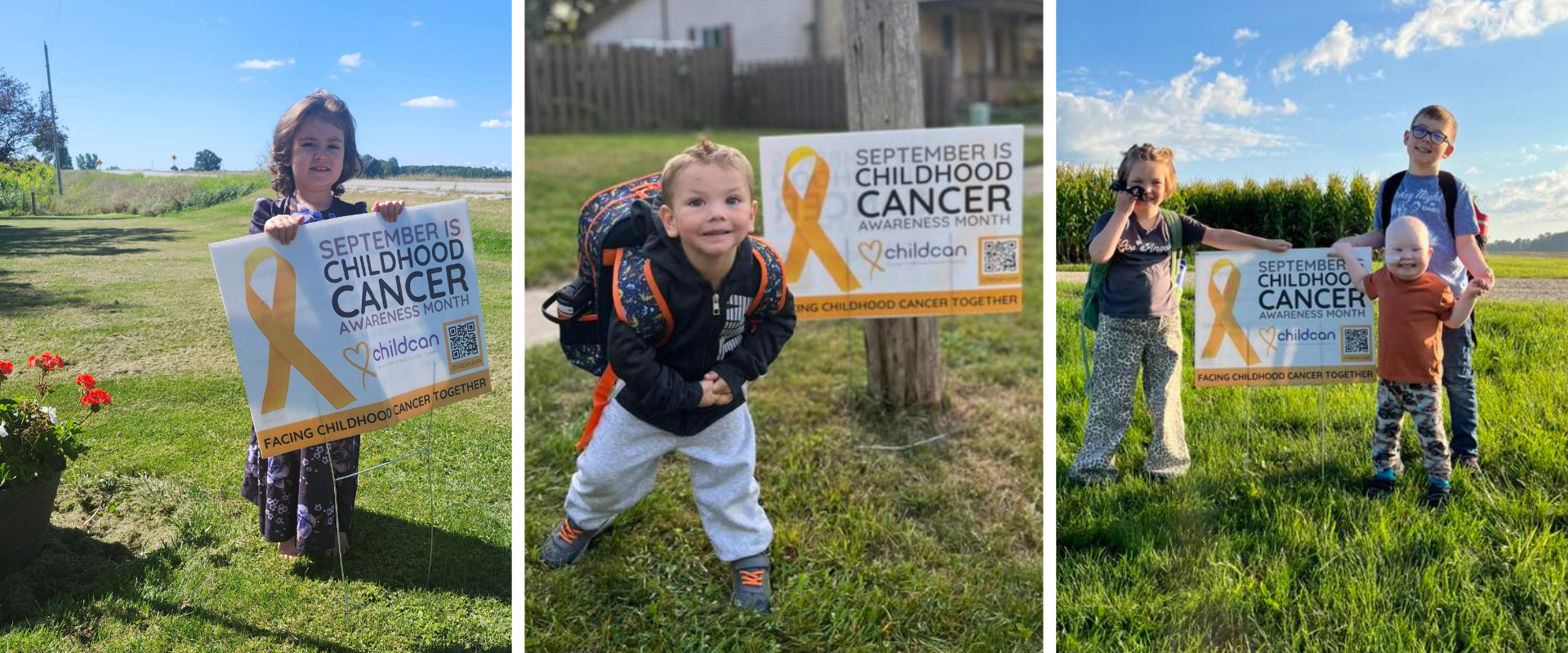Children hold signs that read: "September is Childhood Cancer Awareness Month"