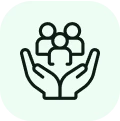 A hand holding a small group of people.