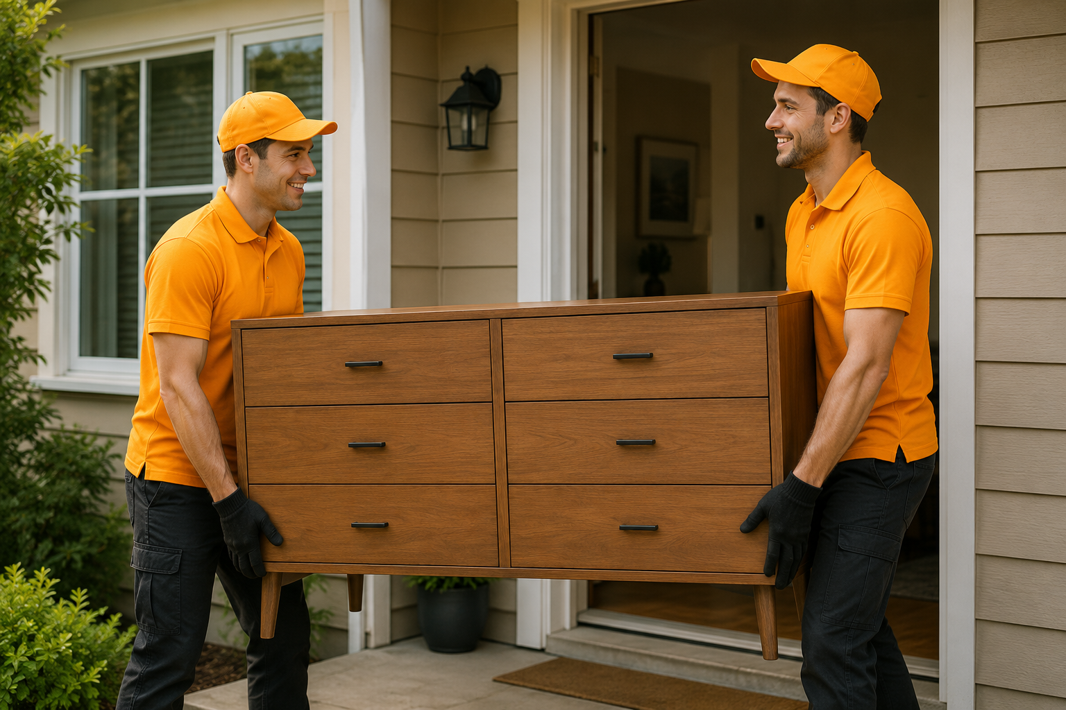 Gonezo junk removal technicians carrying furniture out of a residential home in Calgary