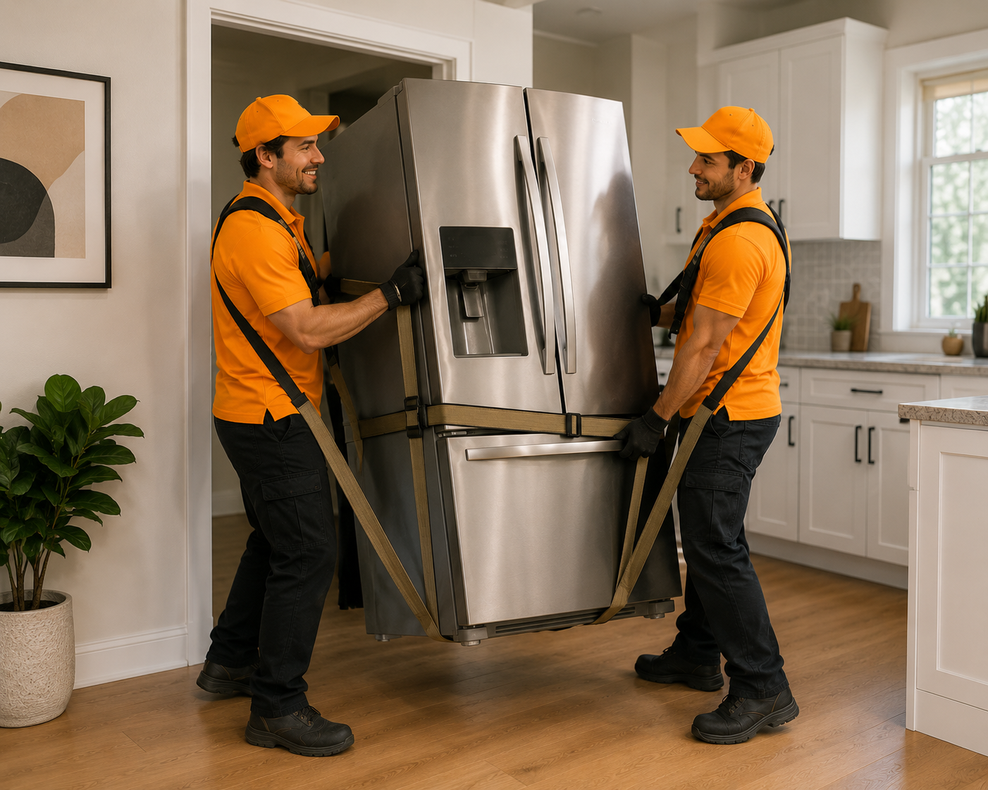 Gonezo junk removal technicians carrying furniture out of a residential home in Calgary.