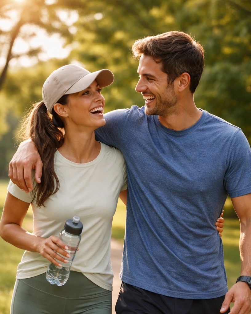Smiling young couple in casual athletic wear walking outdoors with man's arm around woman's shoulders; woman holding a water bottle.