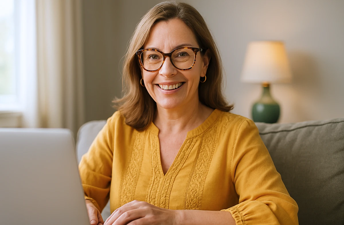 a woman sitting at her laptop smiling