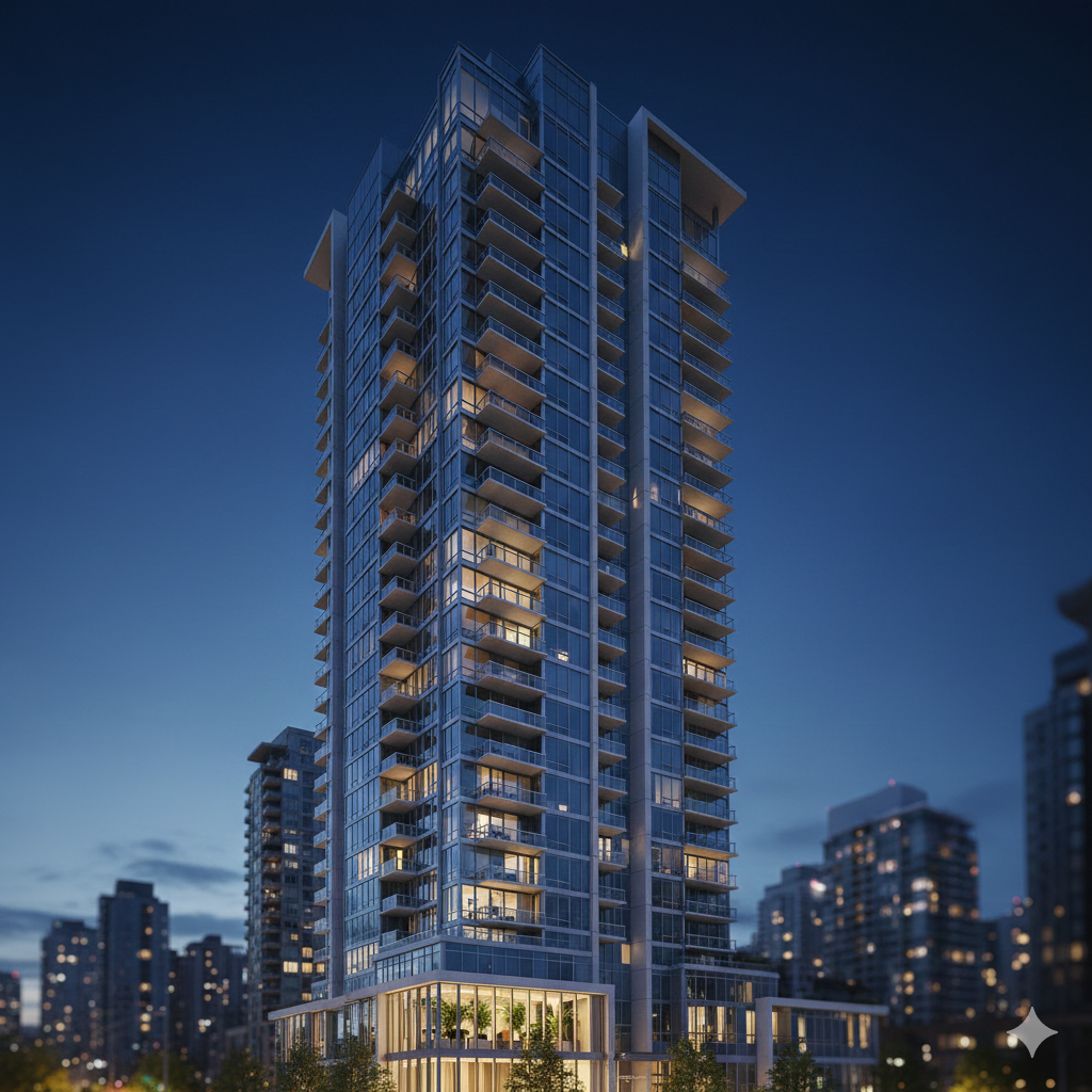 Modern high-rise residential building with illuminated balconies and glass exterior at dusk in a cityscape. Pulse Pay- Sovereign payment solution
