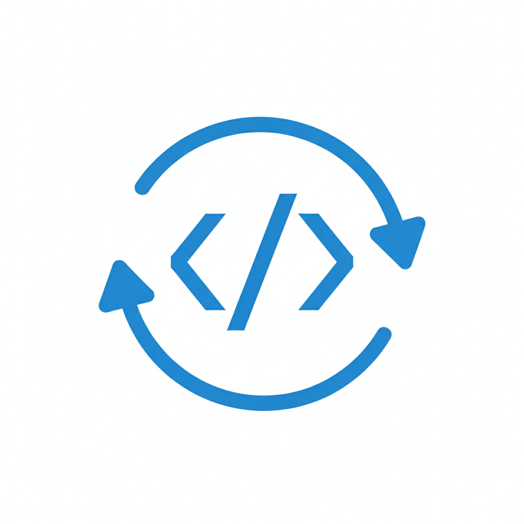 Blue coding symbol with angled brackets and a forward slash, enclosed by two circular arrows indicating a refresh or update.