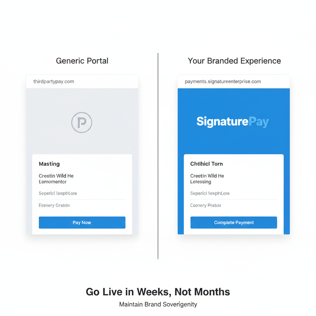 Comparison of a generic payment portal with thirdpartypay.com and a branded payment experience with SignaturePay on payments.signatureenterprise.com, highlighting quick brand integration.