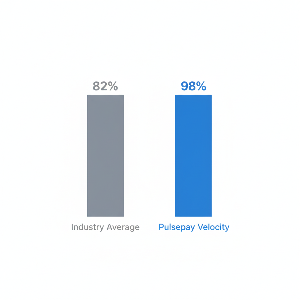 Bar chart comparing 82% industry average to 98% Pulsepay Velocity.