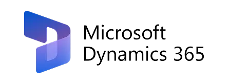 Microsoft Dynamics 365 logo with blue gradient folded ribbon design and black text.
