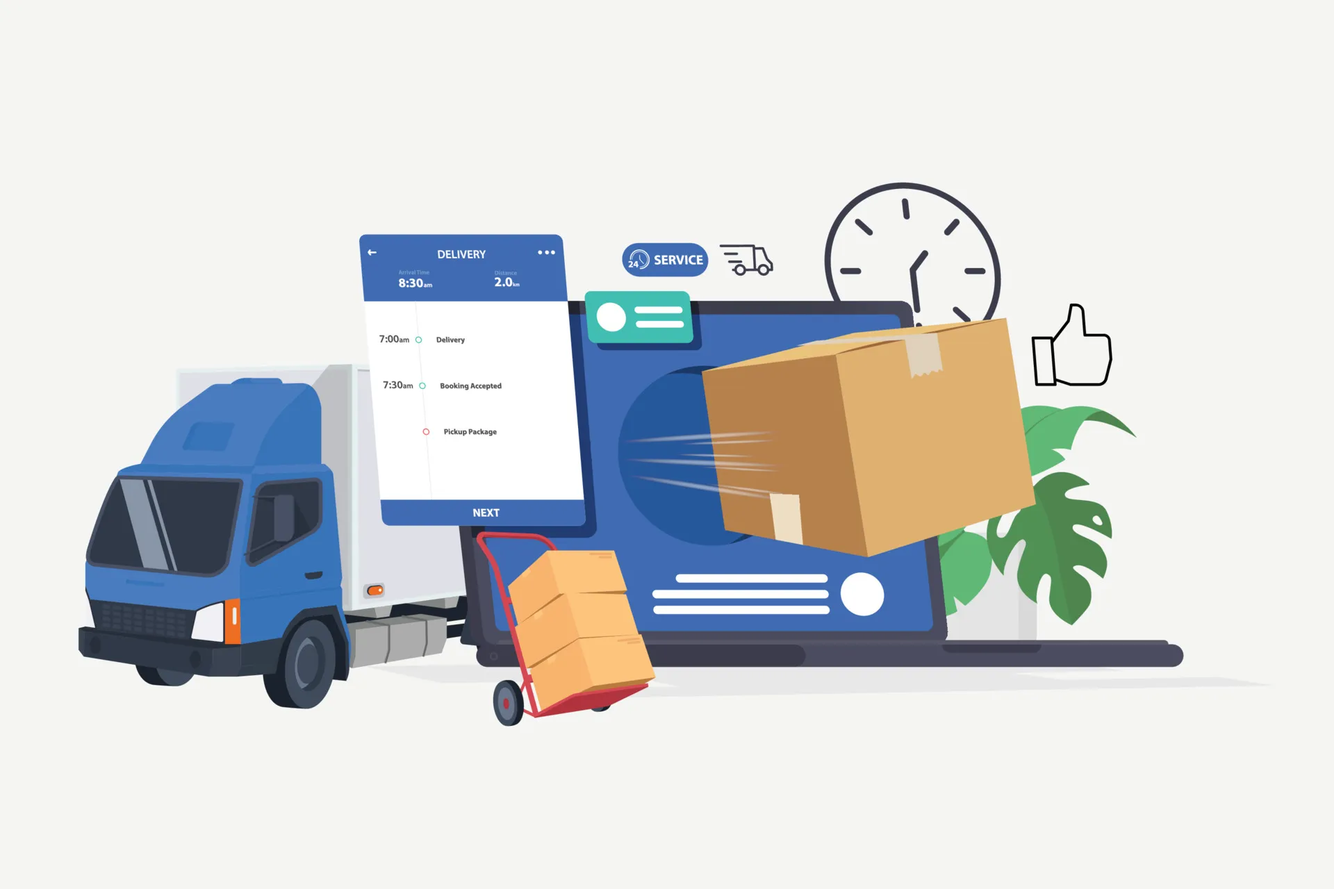 Illustration of a delivery truck, laptop with a delivery schedule, moving cardboard boxes, clock, and thumbs-up icon symbolizing fast and reliable delivery service.