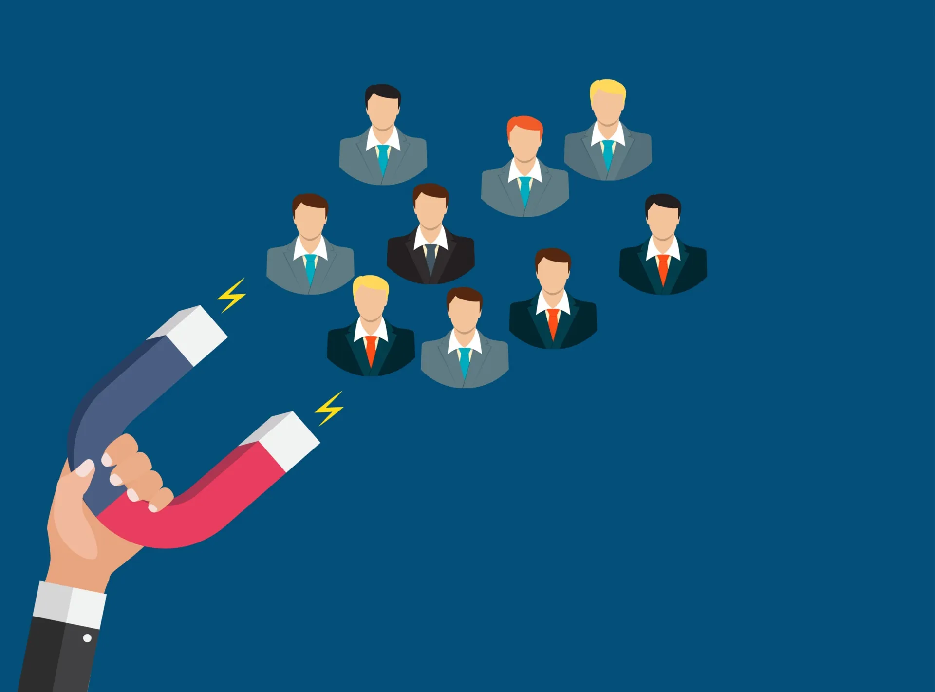 Hand holding a horseshoe magnet attracting illustrated businesspeople icons in suits and ties against a dark blue background.