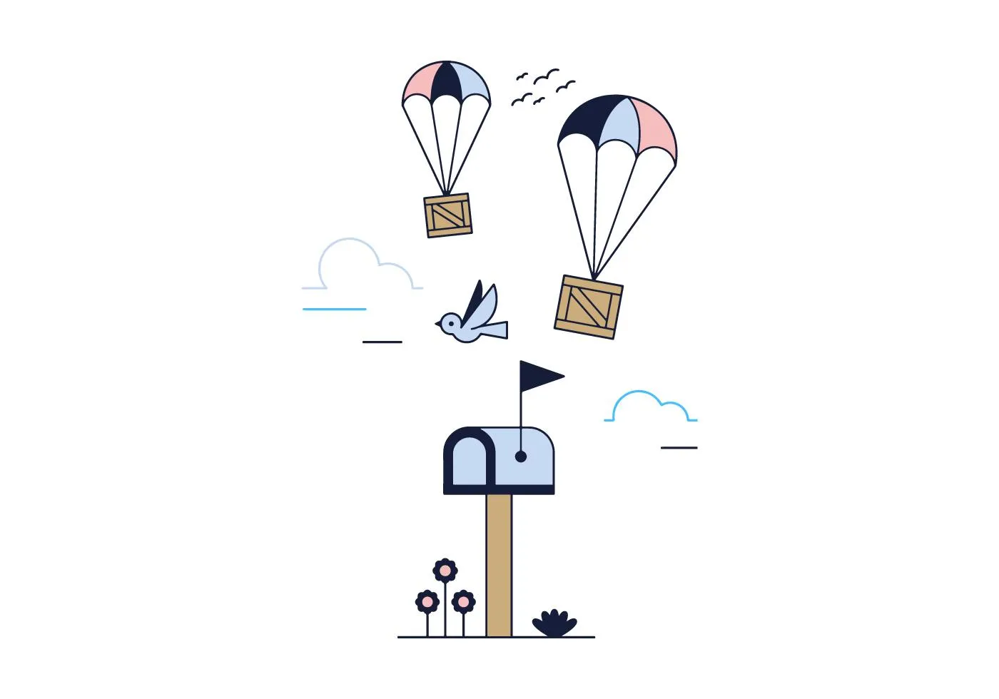 Two parachutes delivering packages near a mailbox with a bird flying and small flowers below.