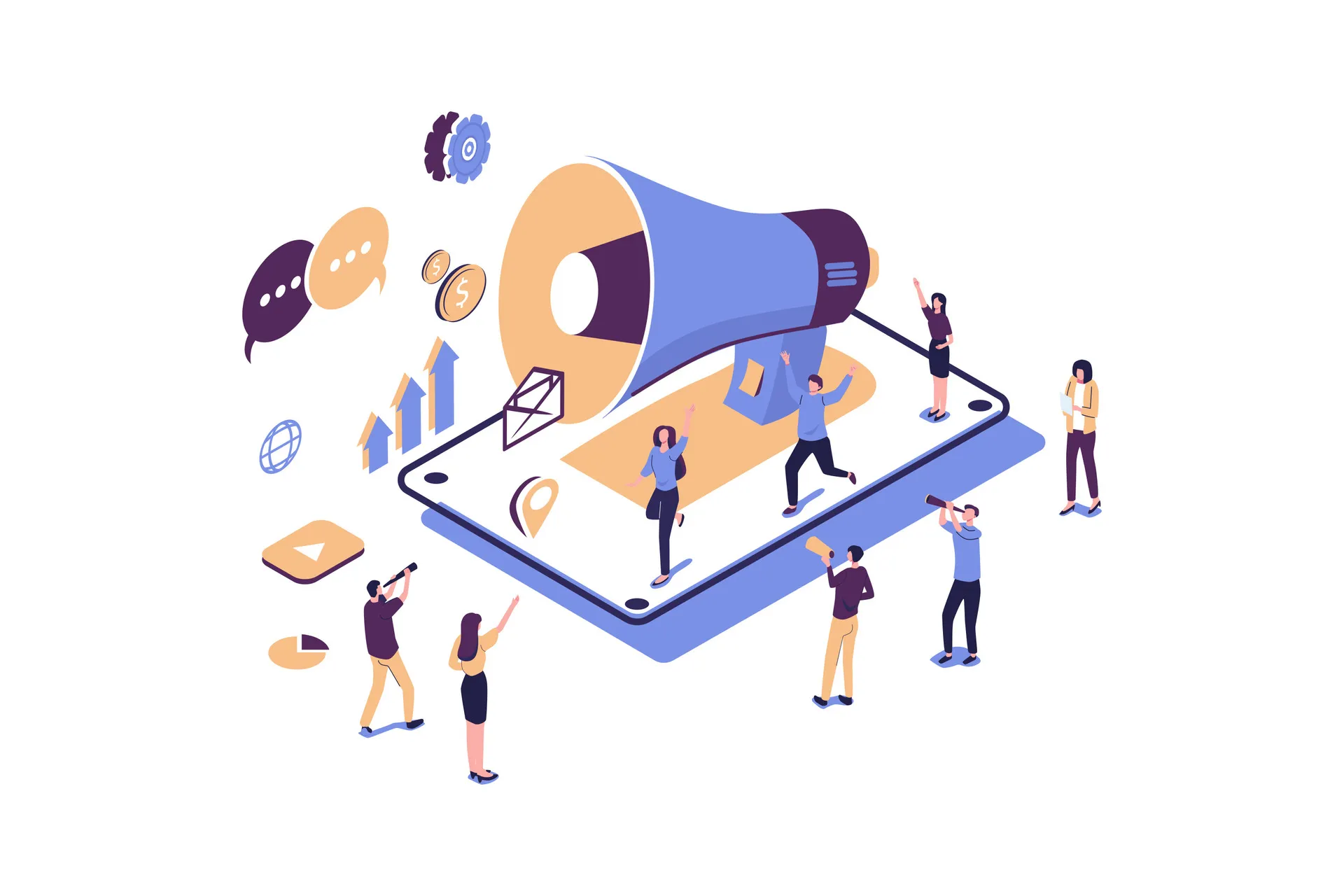 Illustration of people interacting with a giant smartphone showing a megaphone and various business icons like graphs, coins, and messages.