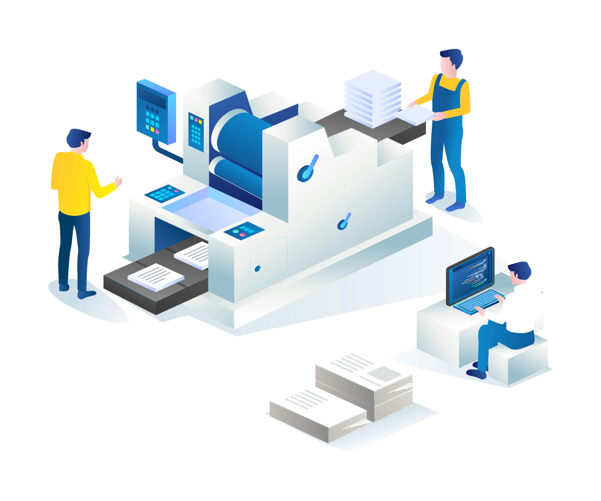 Illustration of a printing machine with three people working: one operating the machine, one stacking printed papers, and one coding on a laptop.