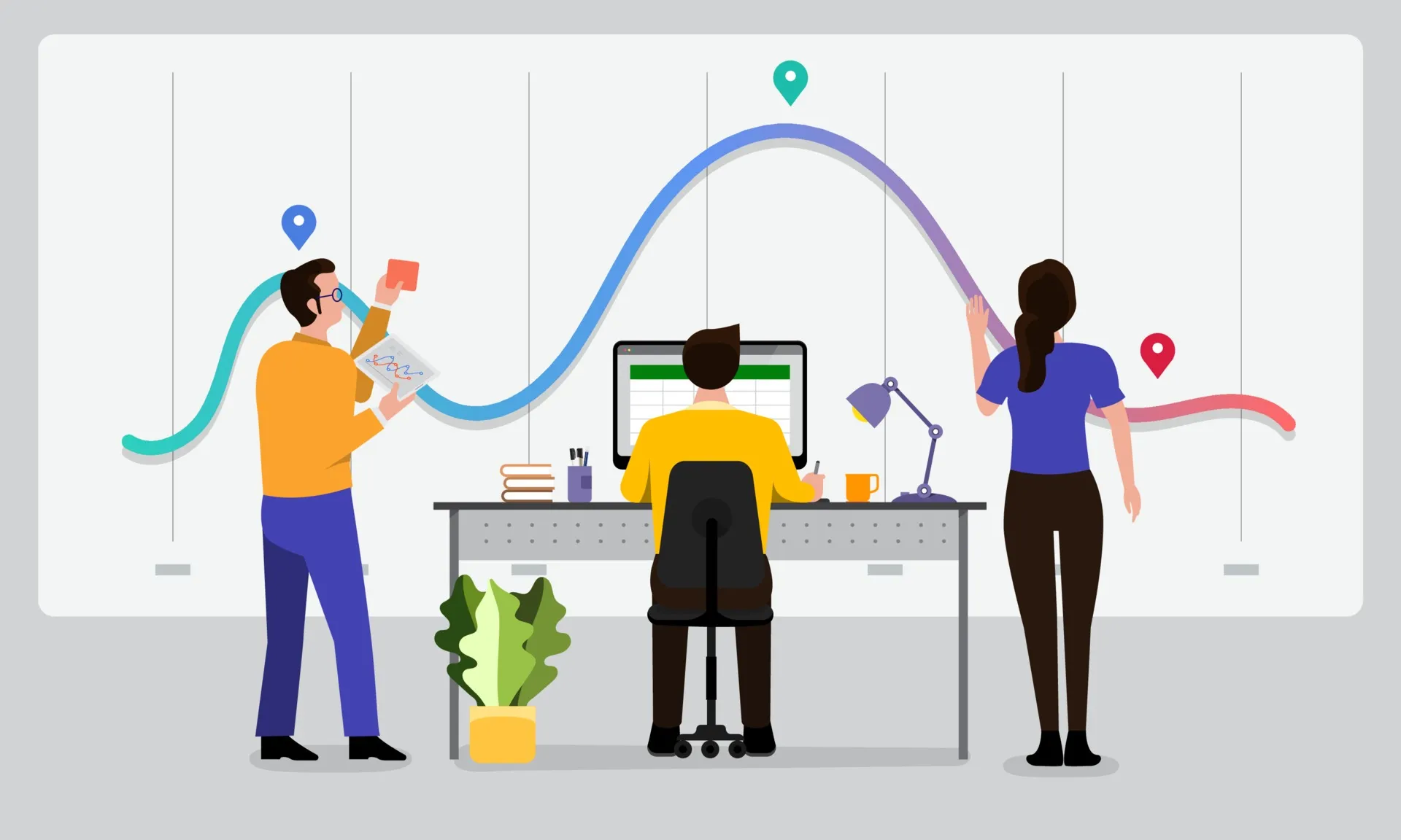 Three people analyzing a colorful data trend graph, with one person working on a computer, another holding charts and notes, and the third pointing at the graph.