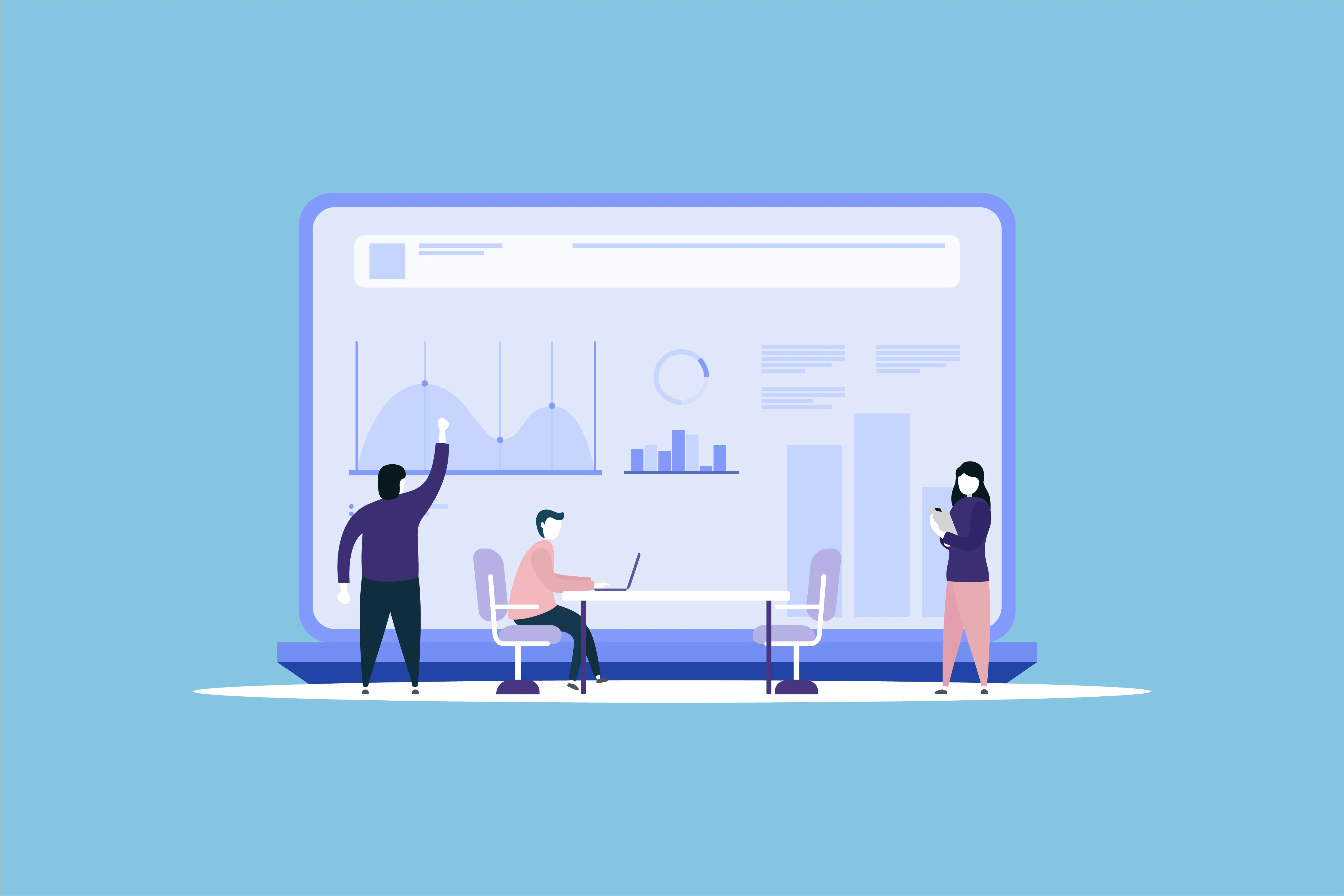 Three people in a meeting room with a large screen showing charts and graphs, one person pointing, one typing on laptop, and one holding a tablet.