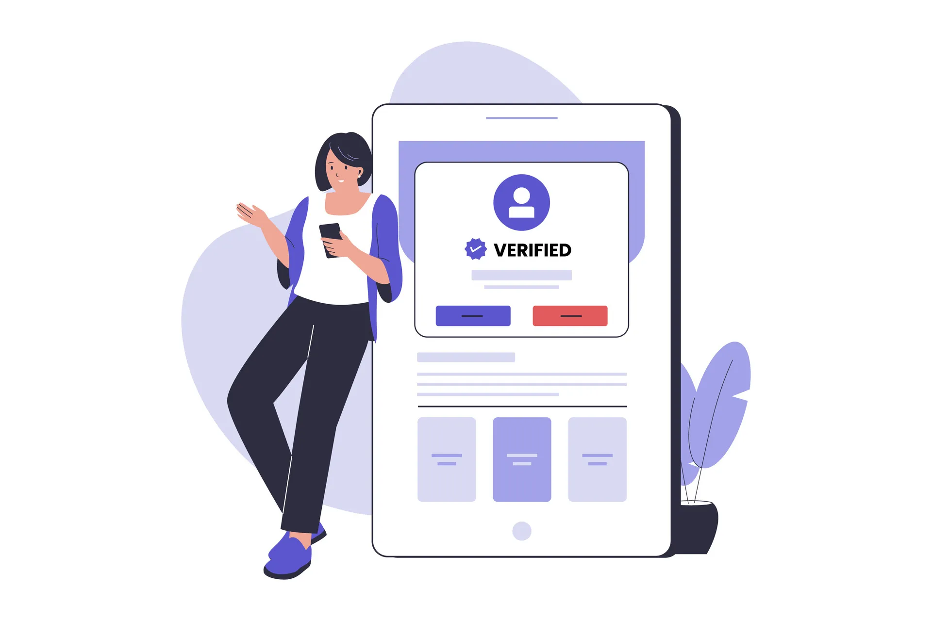 Woman holding smartphone leaning against a giant tablet displaying a verified user profile with verification badge.