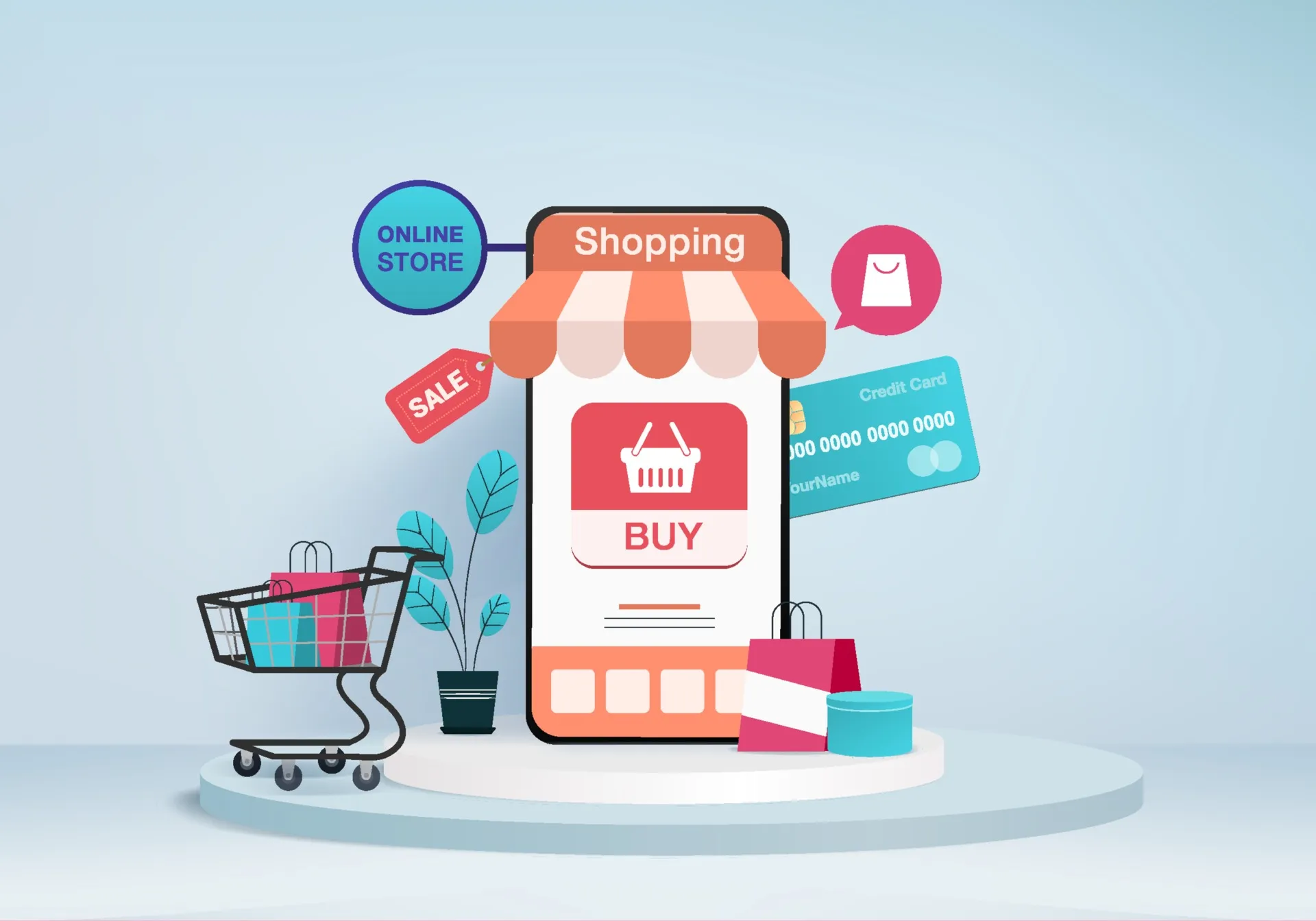 Digital illustration of a mobile shopping app with a shopping cart, sale tag, credit card, and shopping bags around it.