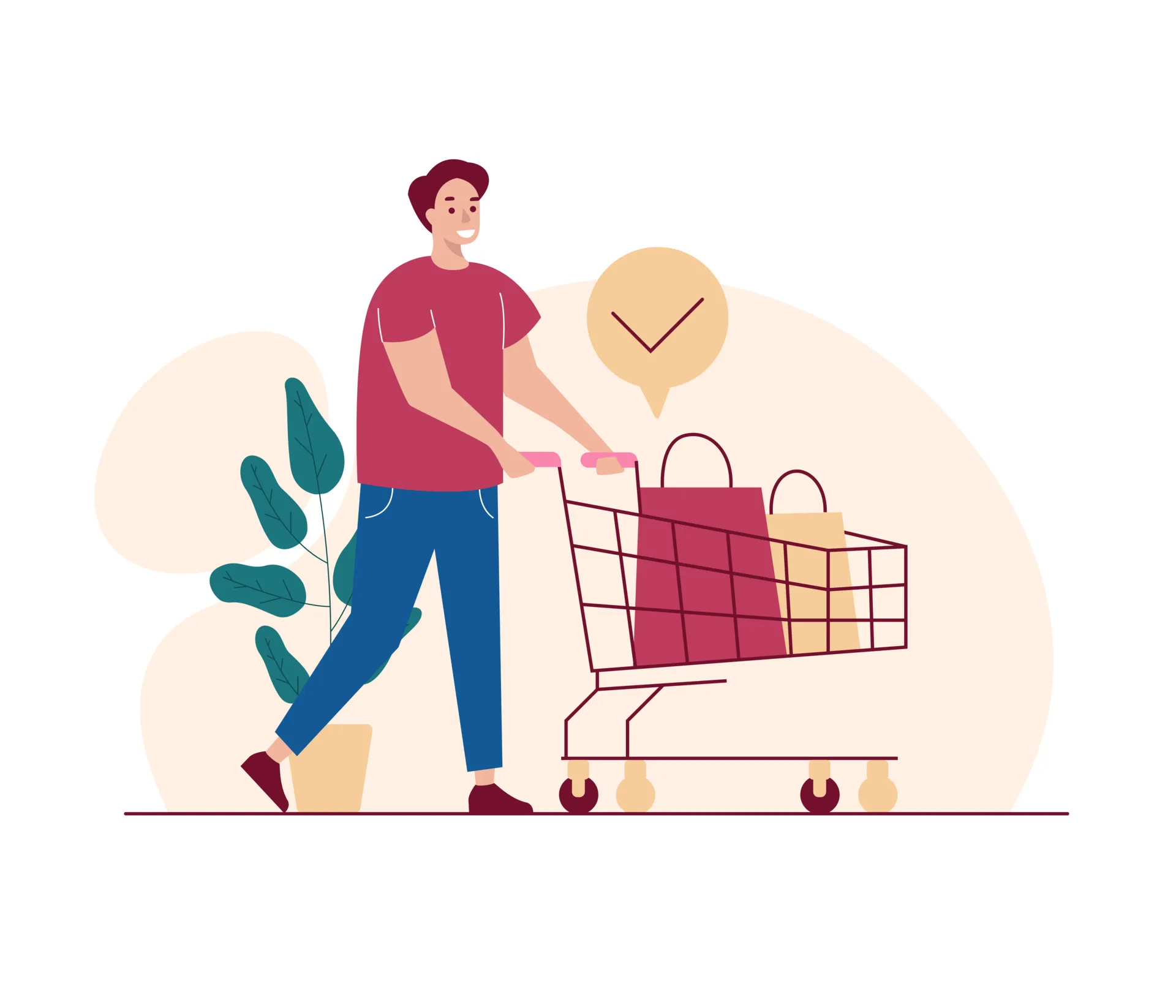 Smiling man pushing a shopping cart with bags and a checkmark symbol above.