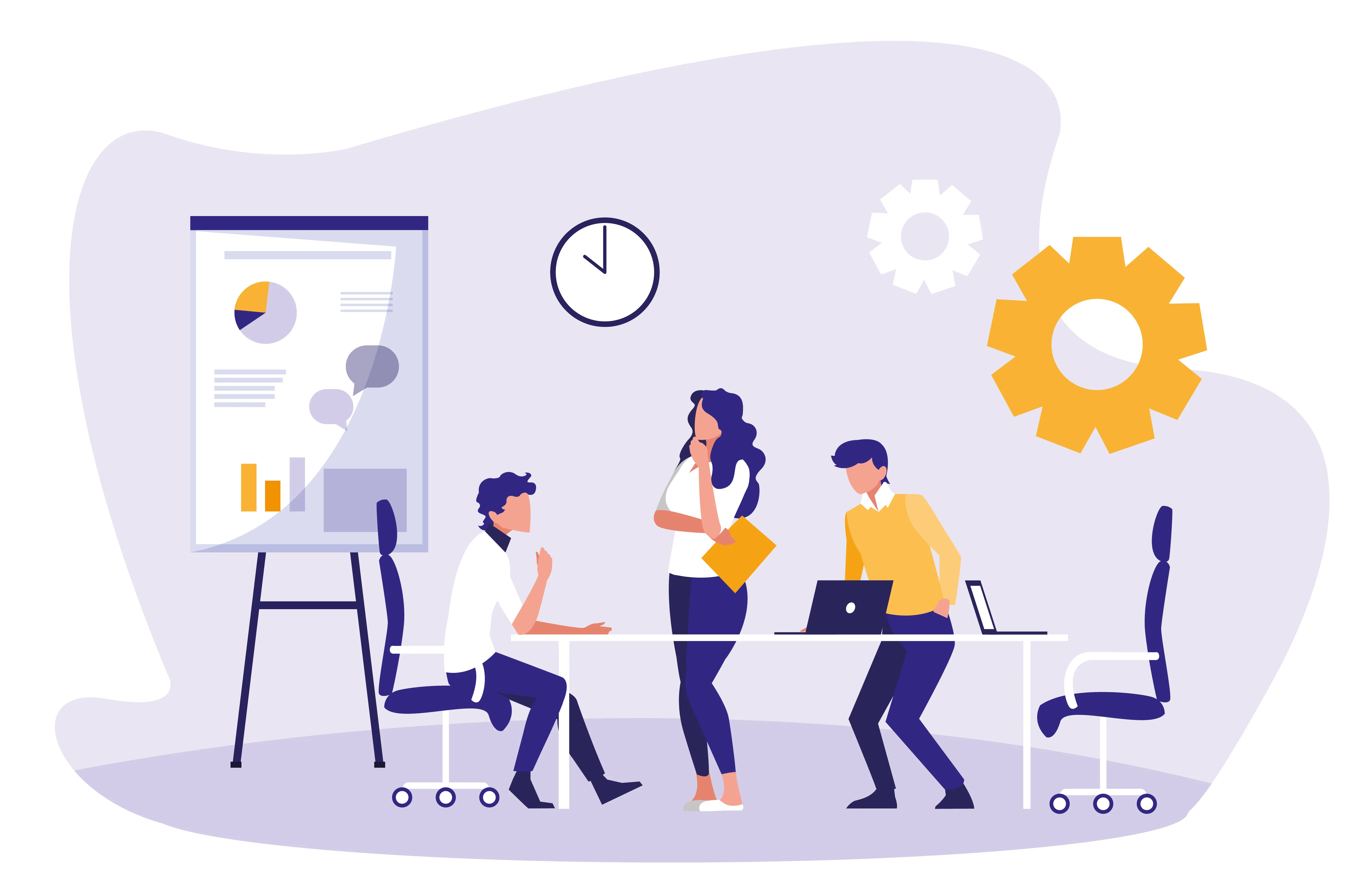 Three people having a discussion in an office with a presentation board, clock, and gears in the background.