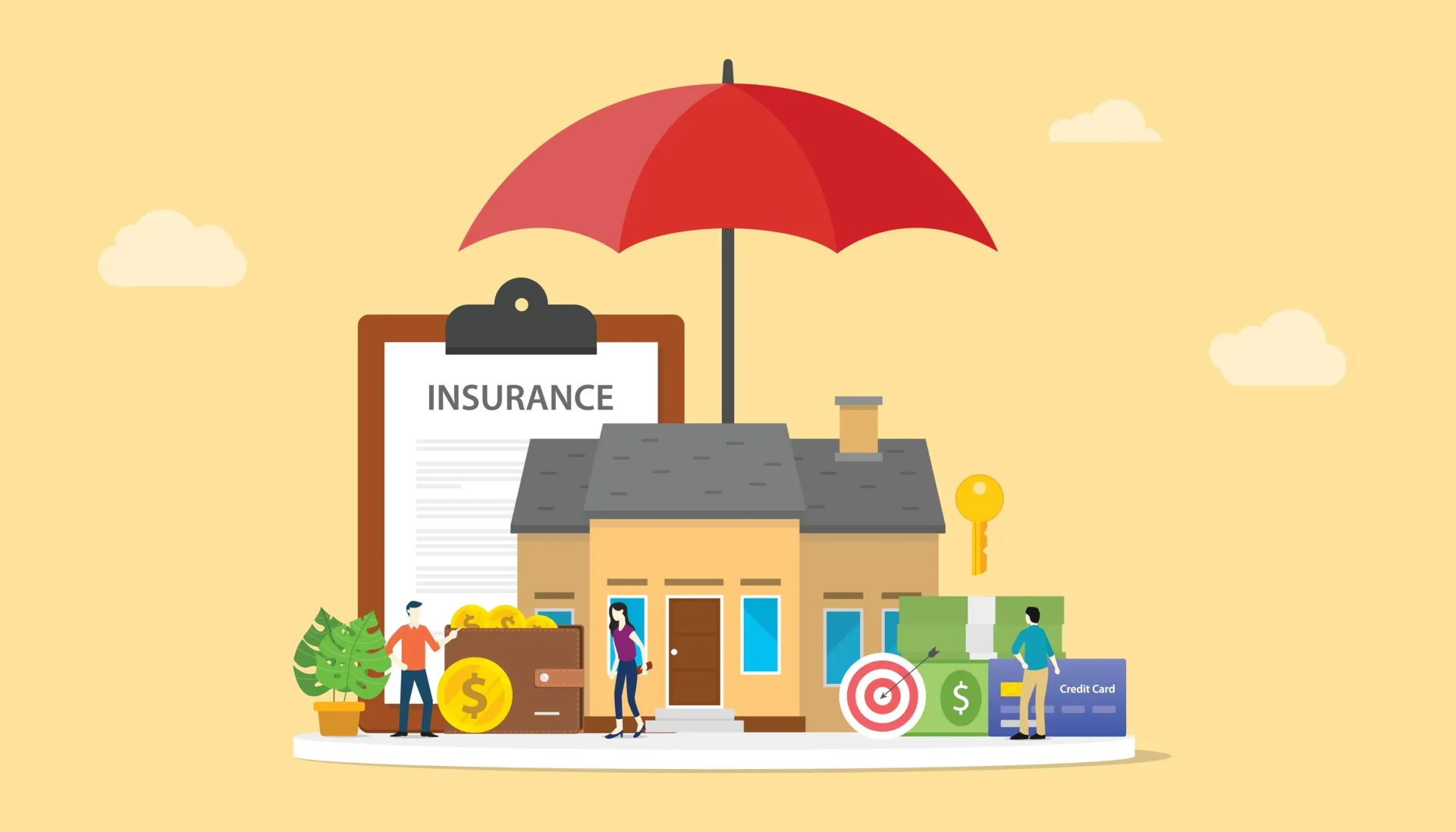 Illustration of a house protected by a large red umbrella with an insurance document, people, money, credit card, key, and a target symbol around it.