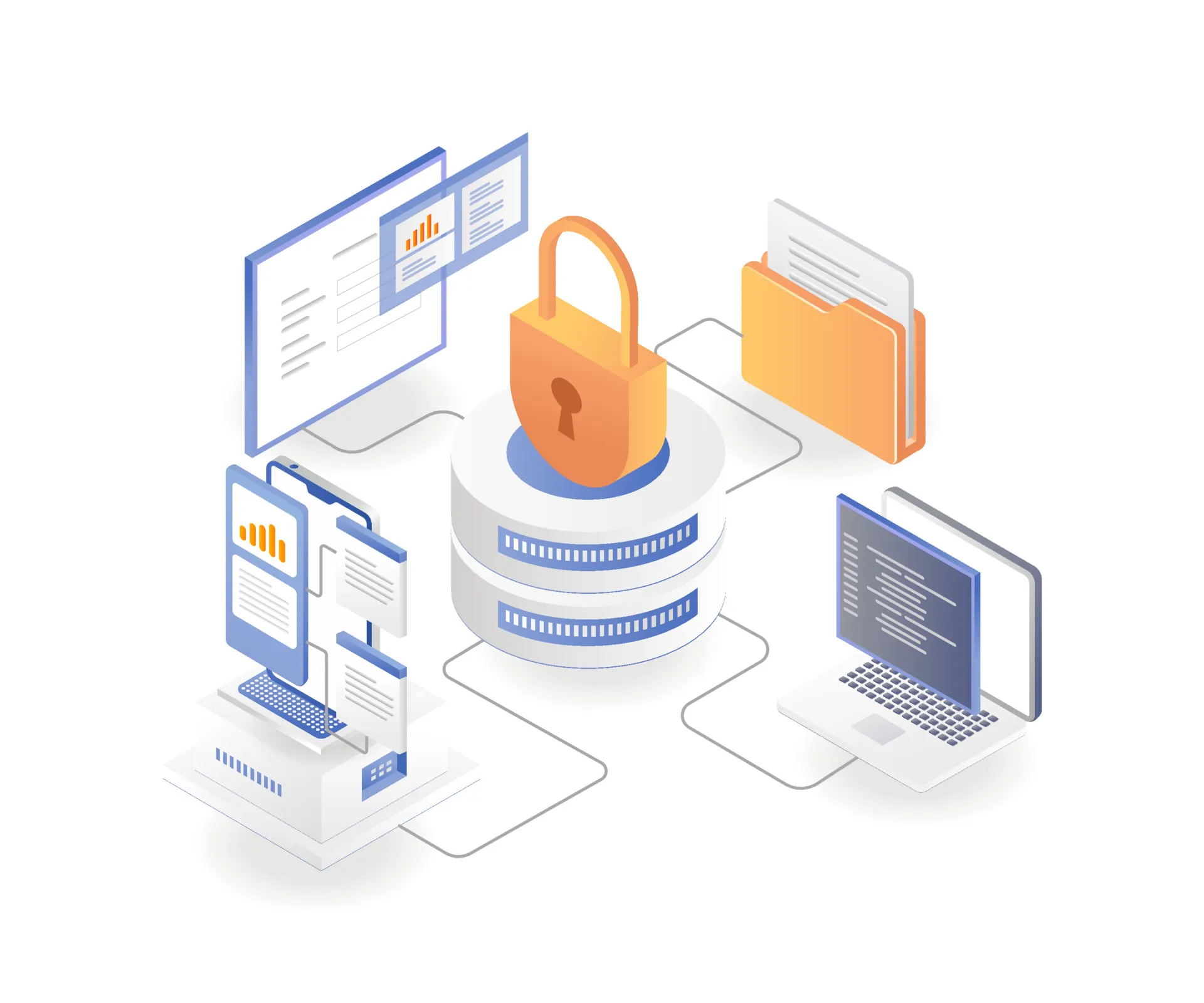 Isometric illustration of a locked server surrounded by a laptop, documents, and digital interfaces symbolizing secure data management.