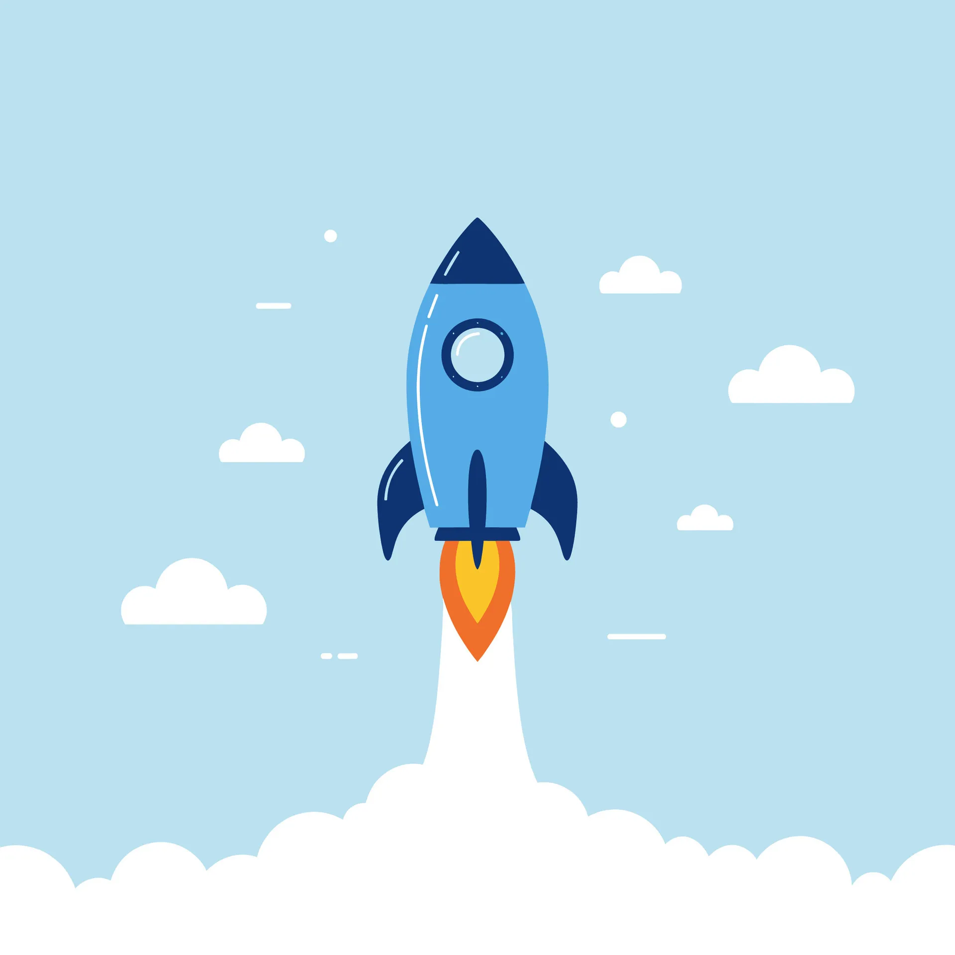 Blue rocket launching into a sky with white clouds and a trail of smoke and fire.