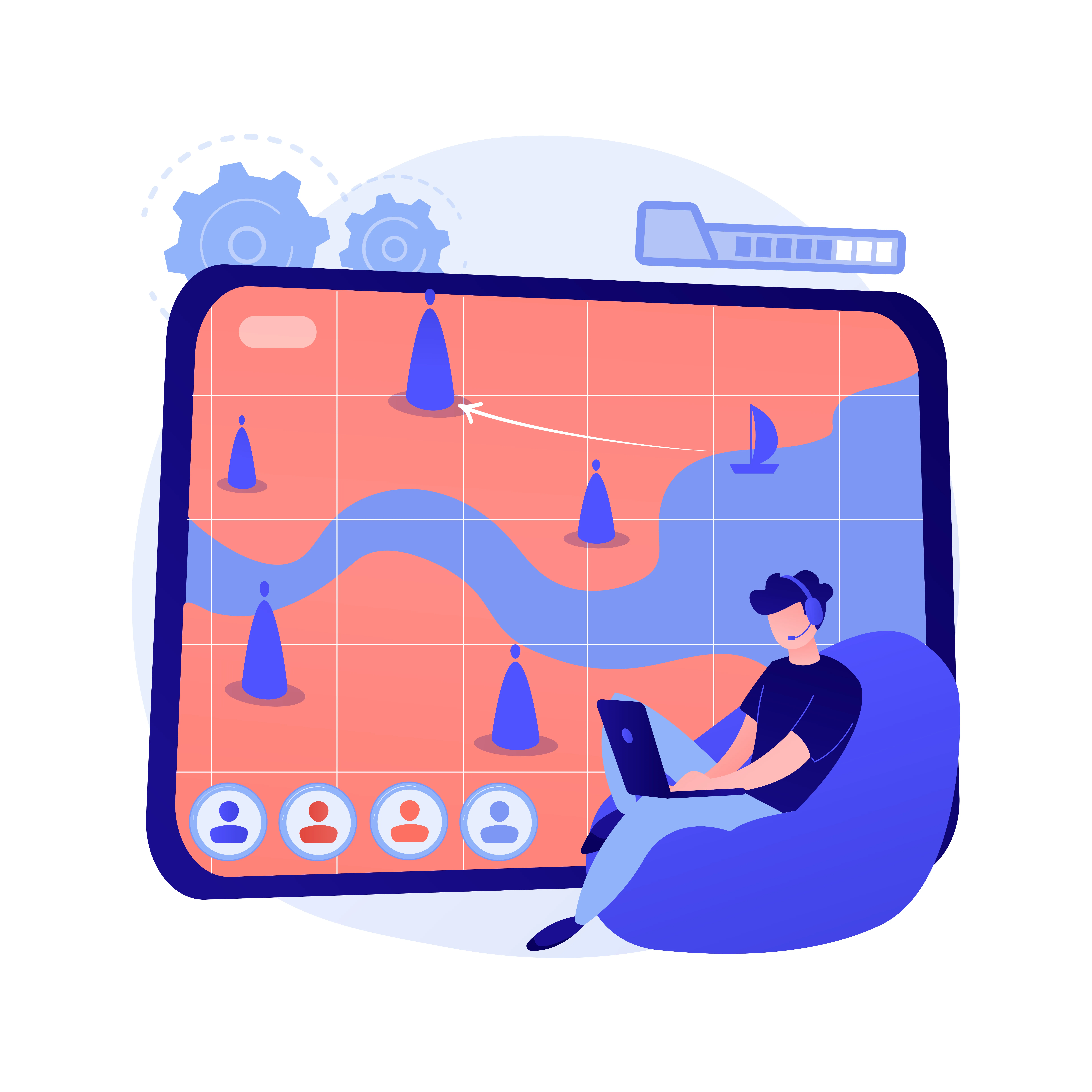 Illustration of a person with a headset using a laptop in front of a large screen showing a map with marker icons and a river.