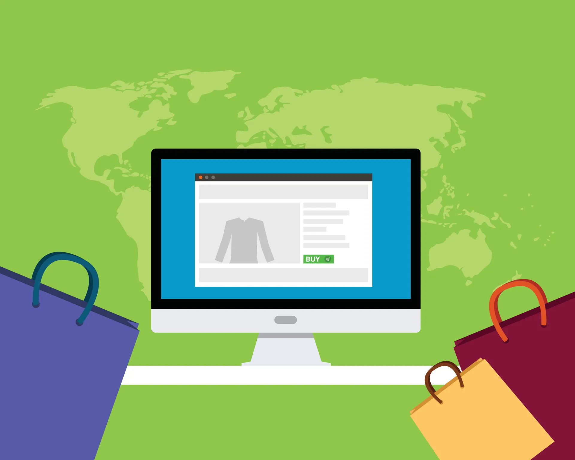 Computer screen displaying an online shopping page with a clothing item and a green buy button, surrounded by colorful shopping bags against a green background with a world map.