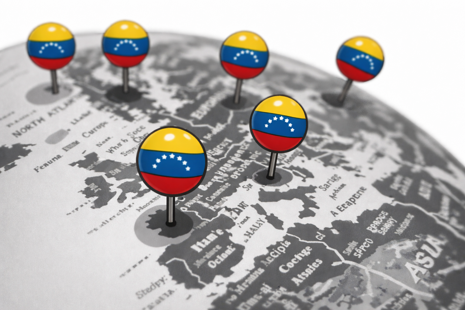 Ilustración de banderas de Venezuela marcando distintas ciudades del mundo, símbolo de la diáspora venezolana global