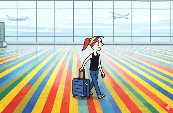 Ilustración de venezolana en aeropuerto con maleta caminando sobre piso inspirado en Maiquetía, símbolo de migración y nuevos comienzos.