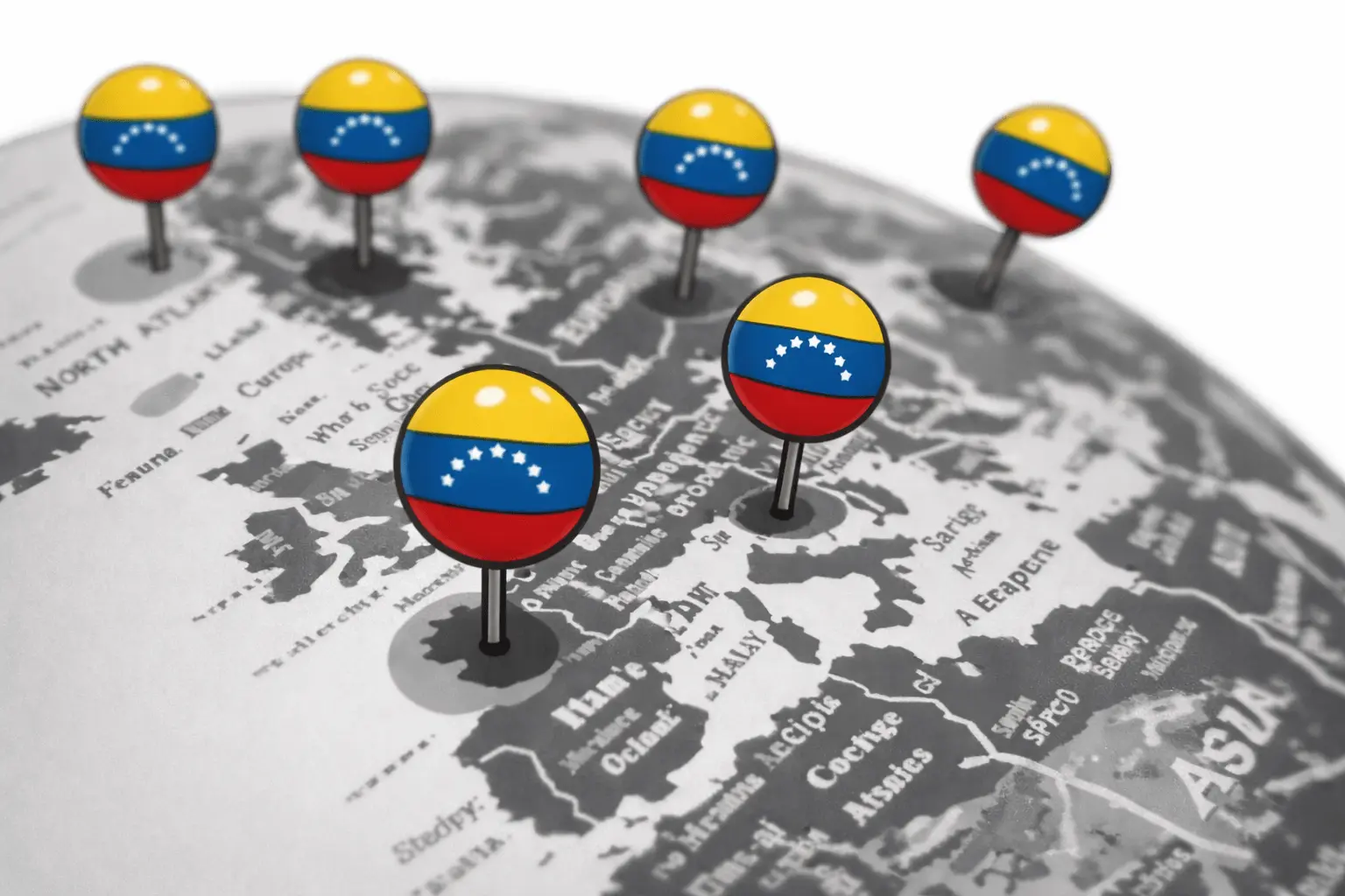 Ilustración de banderas de Venezuela marcando distintas ciudades del mundo, símbolo de la diáspora venezolana global