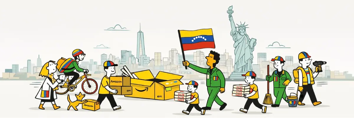 Ilustración de venezolanos construyendo vida en Nueva York, con bandera de Venezuela, skyline urbano y símbolos de trabajo, comunidad y migración.