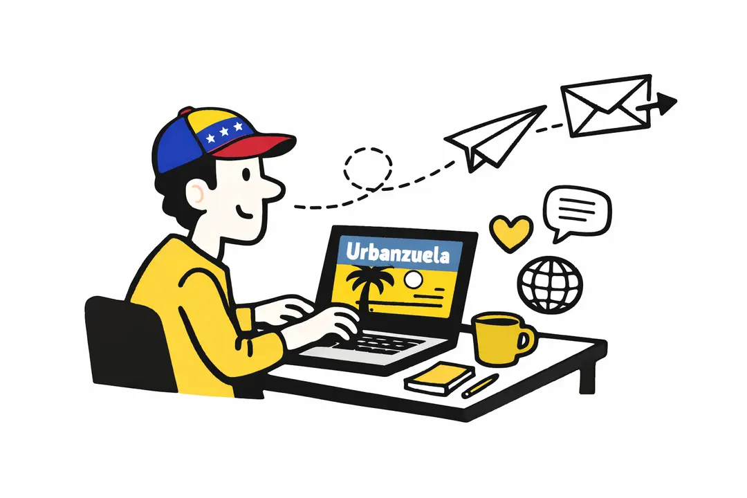 Ilustración de persona con gorra venezolana enviando historias a Urbanzuela desde una computadora