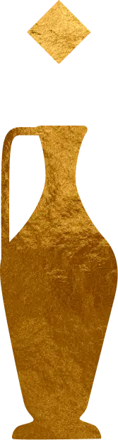 Golden textured ancient amphora vase silhouette with a diamond shape above it.