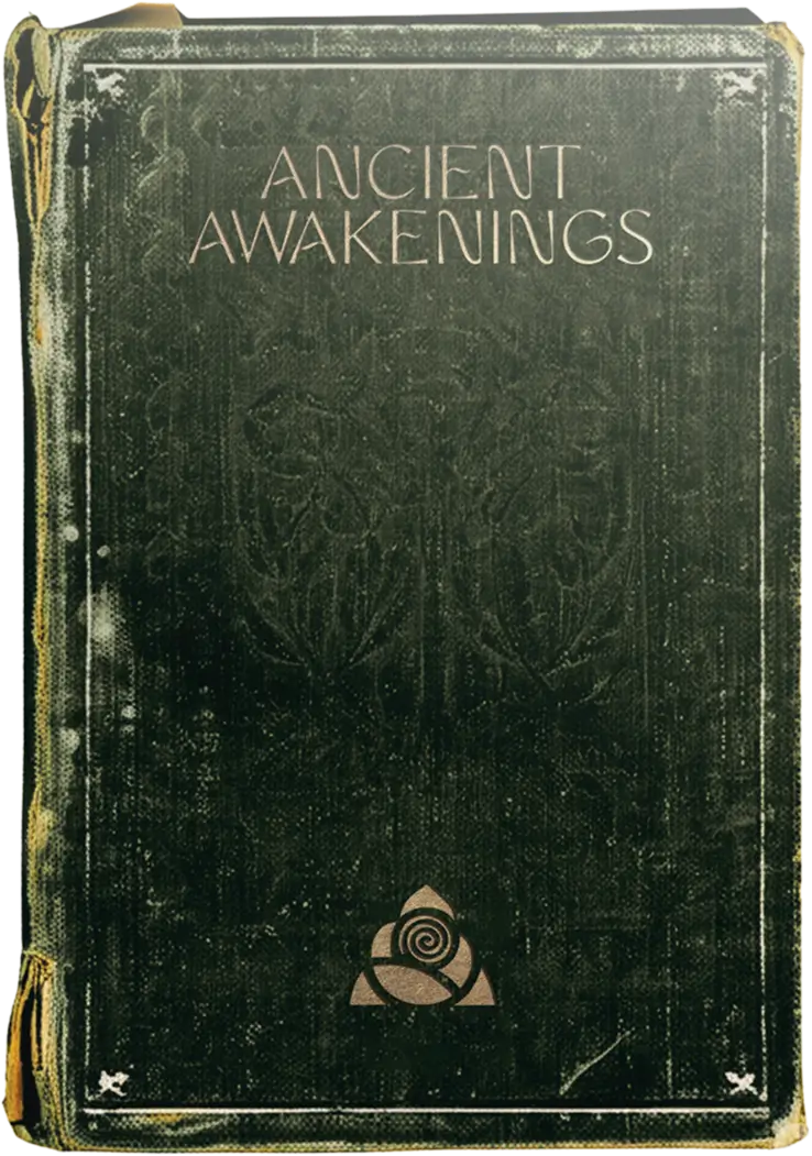 Worn, dark green hardcover book titled 'Ancient Awakenings' with a faded spiral emblem at the bottom.