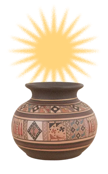 Pottery vase with geometric and heart patterns, topped with a bright yellow stylized sunburst design.