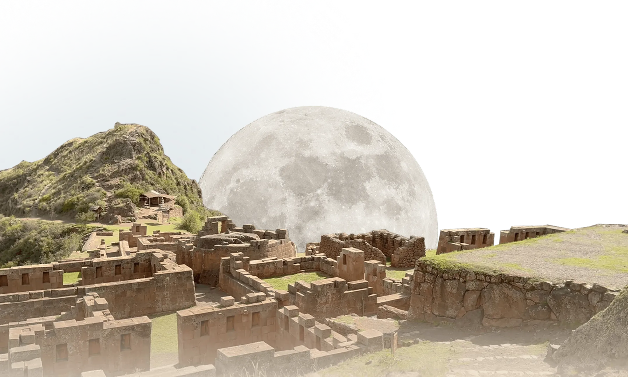 Ancient stone ruins on a hillside with a large full moon rising behind them.