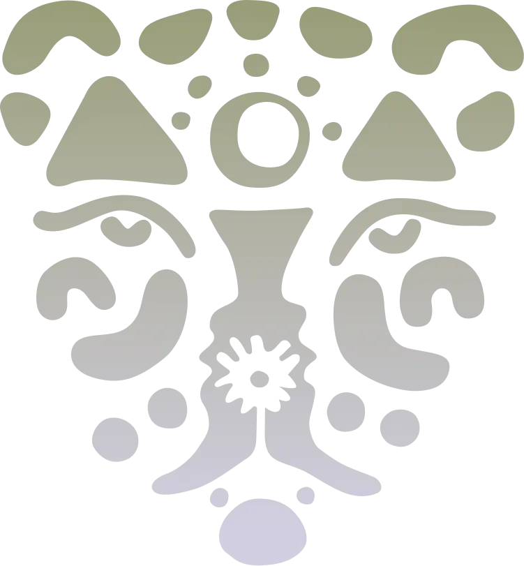 Symmetrical decorative geometric pattern with dots, triangles, and curved shapes in gradient colors.